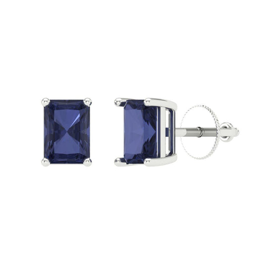 2 ctw Blue Sapphire Studs Earrings | 7x5mm Emerald Cut White Gold Screw back | September Birthstone
