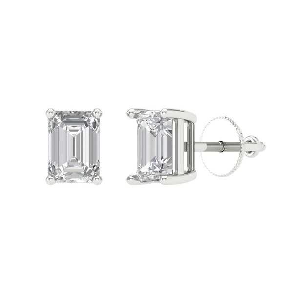 2 ct Brilliant Emerald Cut Solitaire Studs Clear Simulated Diamond Stone White Gold Earrings Screw back