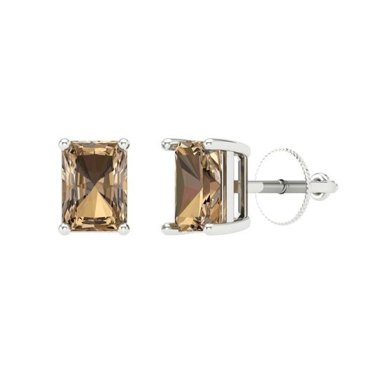 2 ctw Champagne Studs Earrings | 7x5mm Emerald Cut White Gold Screw back | April Birthstone
