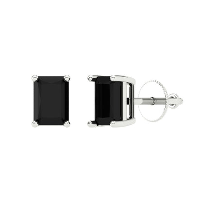 2 ctw Onyx Studs Earrings | 7x5mm Emerald Cut White Gold Screw back | July Birthstone