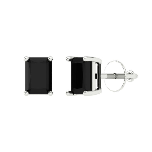2 ctw Onyx Studs Earrings | 7x5mm Emerald Cut White Gold Screw back | July Birthstone