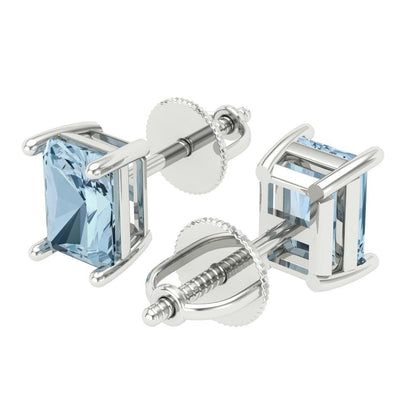 2 ctw Aquamarine Studs Earrings | 7x5mm Emerald Cut White Gold Screw back | March Birthstone