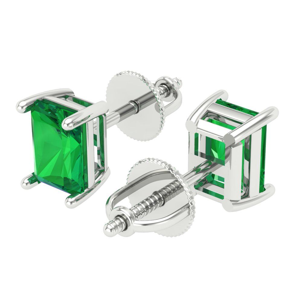 2 ctw Emerald Studs Earrings | 7x5mm Emerald Cut White Gold Screw back | May Birthstone