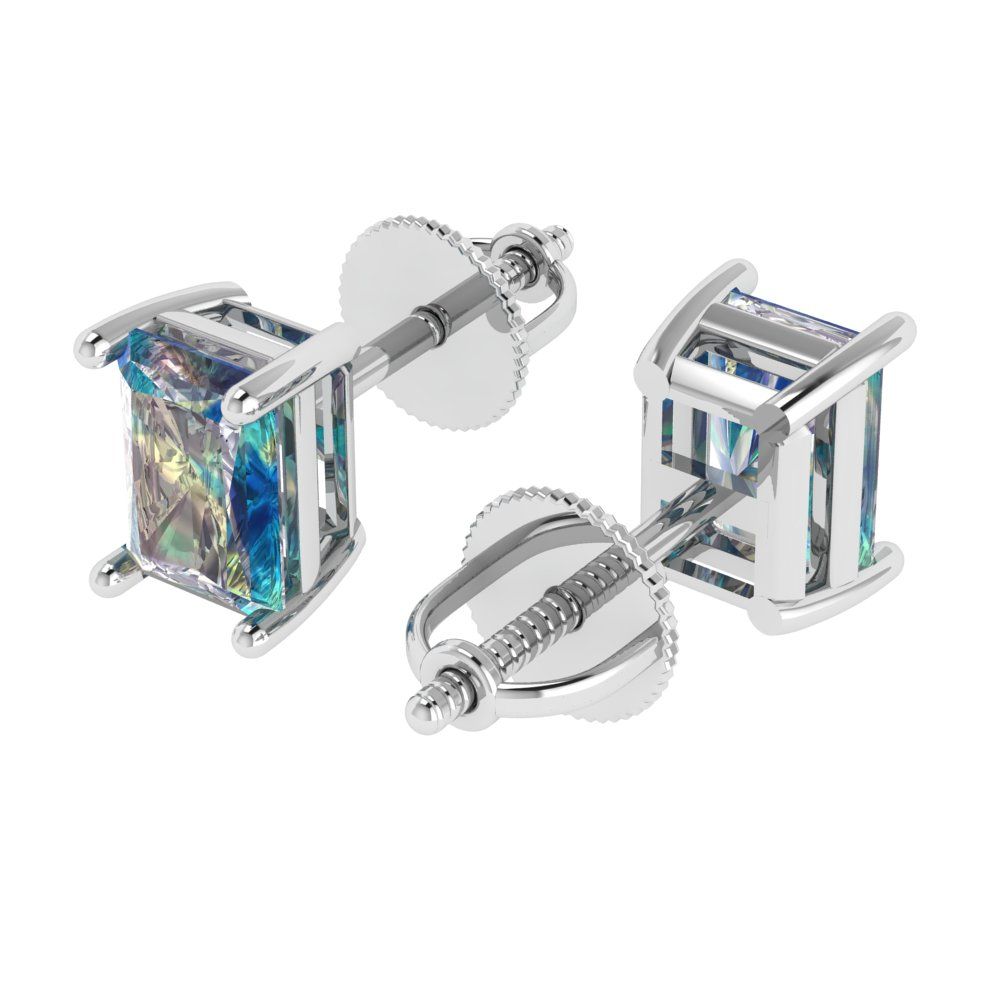 2 ctw Blue Moissanite Studs Earrings | 7x5mm Emerald Cut White Gold Screw back | April Birthstone