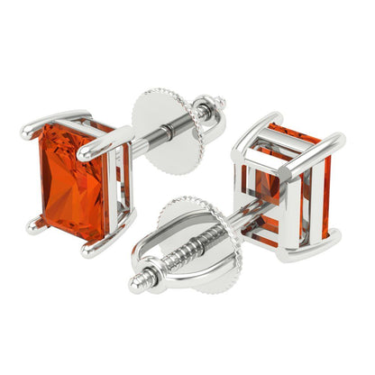 2 ctw Red Zirconia Studs Earrings | 7x5mm Emerald Cut White Gold Screw back | April Birthstone