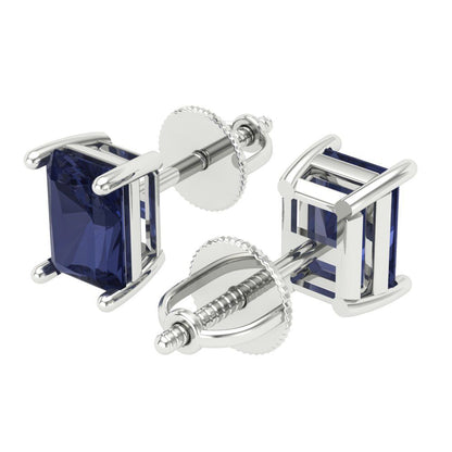 2 ctw Blue Sapphire Studs Earrings | 7x5mm Emerald Cut White Gold Screw back | September Birthstone