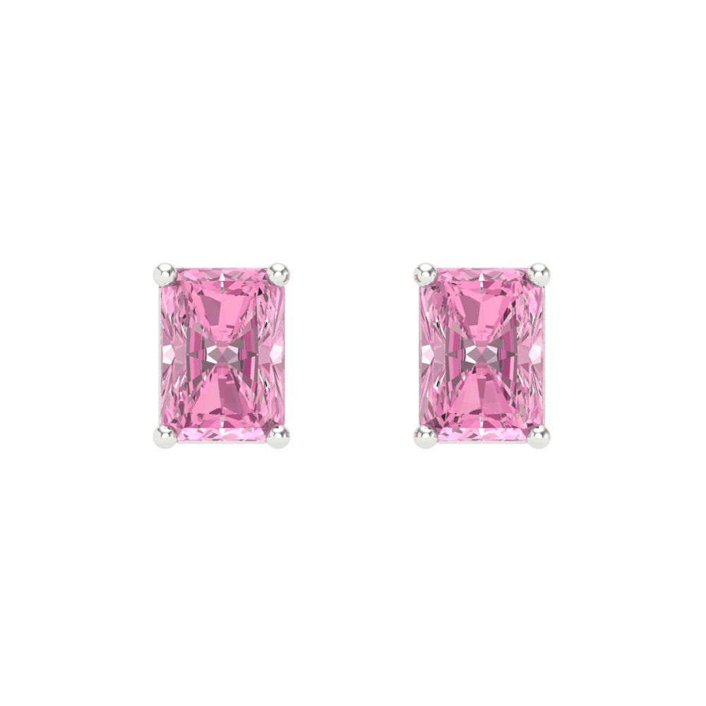 2 ctw Pink Zirconia Studs Earrings | 7x5mm Emerald Cut White Gold Screw back | April Birthstone