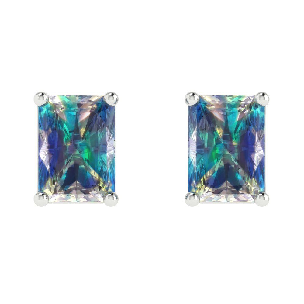 2 ctw Blue Moissanite Studs Earrings | 7x5mm Emerald Cut White Gold Screw back | April Birthstone