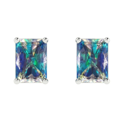 2 ctw Blue Moissanite Studs Earrings | 7x5mm Emerald Cut White Gold Screw back | April Birthstone
