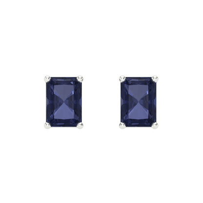 2 ctw Blue Sapphire Studs Earrings | 7x5mm Emerald Cut White Gold Screw back | September Birthstone