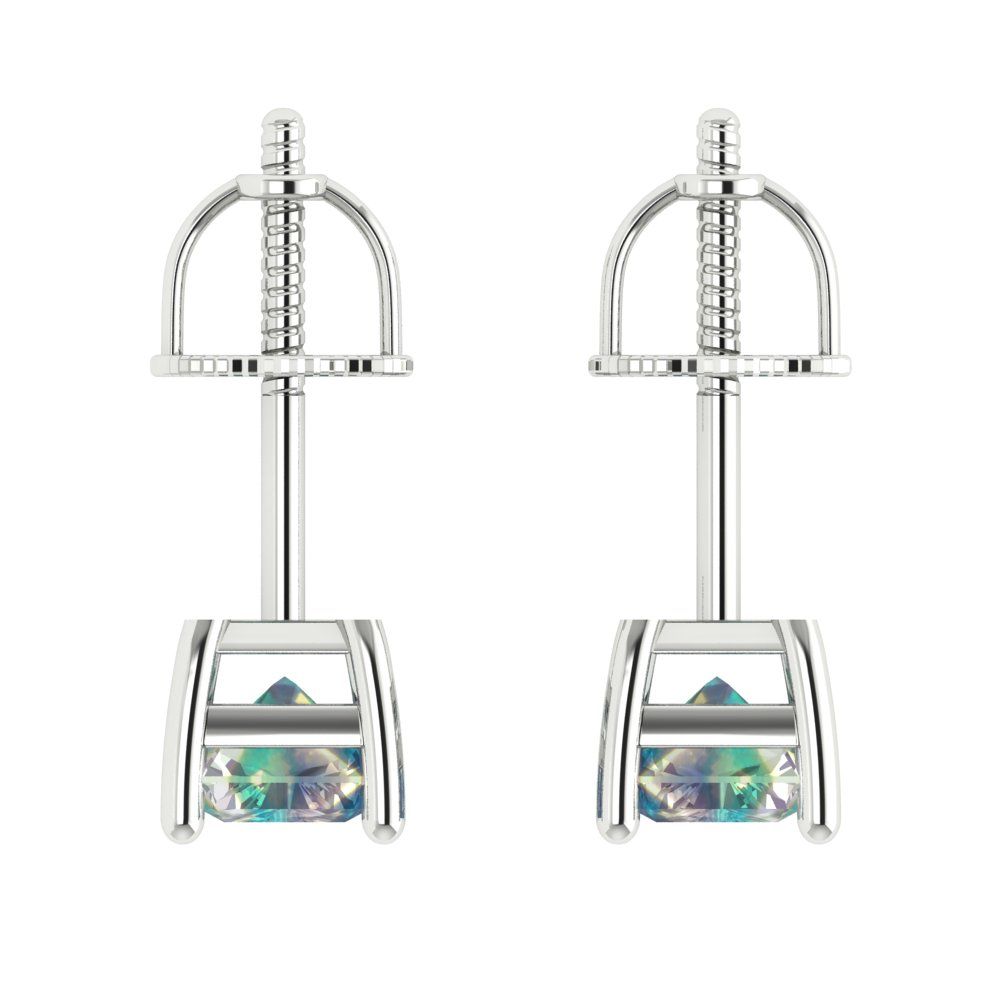 2 ctw Blue Moissanite Studs Earrings | 7x5mm Emerald Cut White Gold Screw back | April Birthstone