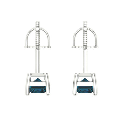 2 ctw London Blue Topaz Studs Earrings | 7x5mm Emerald Cut White Gold Screw back | December Birthstone