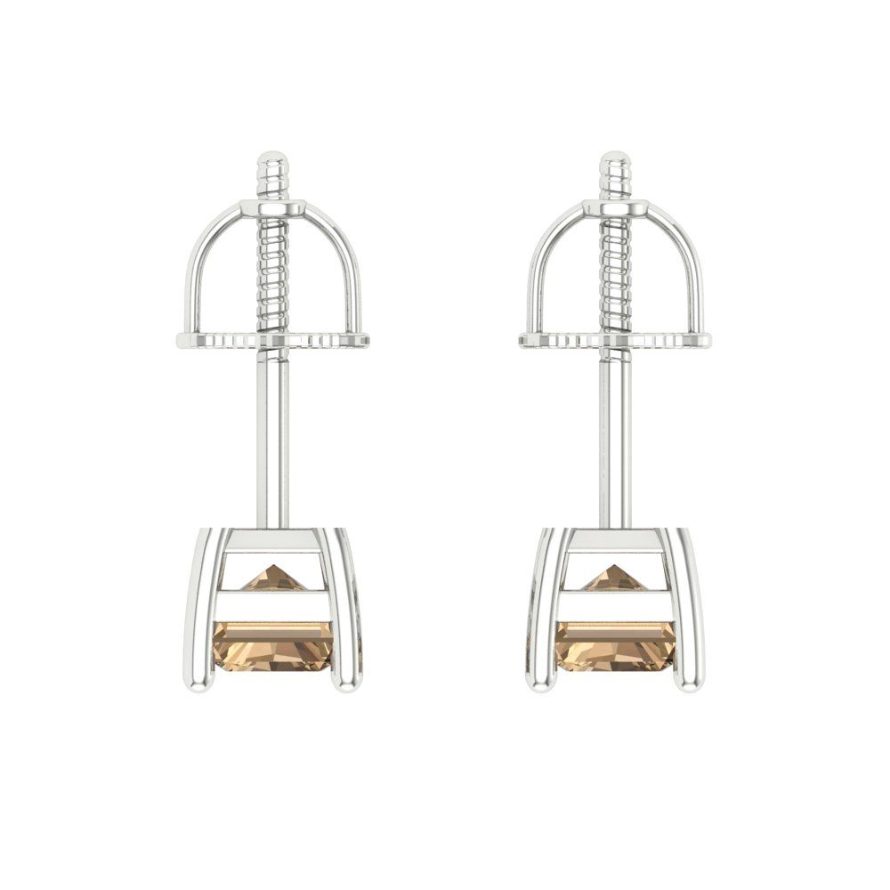 2 ctw Champagne Studs Earrings | 7x5mm Emerald Cut White Gold Screw back | April Birthstone