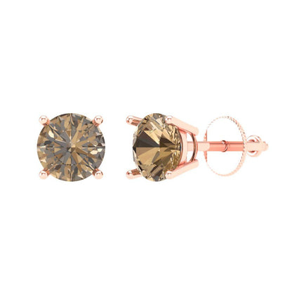 2 ctw Champagne Studs Earrings | 6.5mm Round Cut White Gold Screw back | April Birthstone