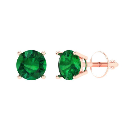 2 ctw Emerald Studs Earrings | 6.5mm Round Cut White Gold Screw back | May Birthstone