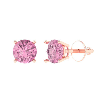 2 ctw Pink Zirconia Studs Earrings | 6.5mm Round Cut White Gold Screw back | April Birthstone