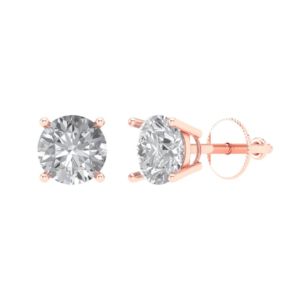 2 ctw Zirconia Diamond Studs Earrings | 6.5mm Round Cut White Gold Screw back | April Birthstone