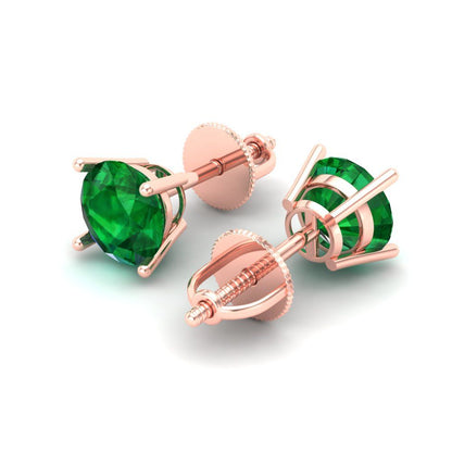 2 ctw Emerald Studs Earrings | 6.5mm Round Cut White Gold Screw back | May Birthstone