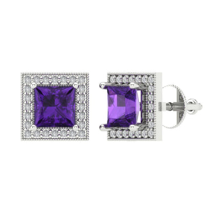 2.24 ctw Amethyst Studs Earrings | 5.5mm Princess Cut White Gold Screw back | February Birthstone