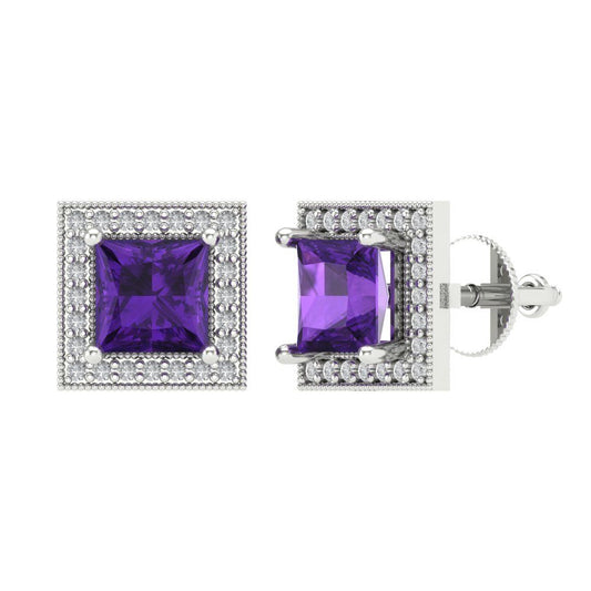 2.24 ctw Amethyst Studs Earrings | 5.5mm Princess Cut White Gold Screw back | February Birthstone
