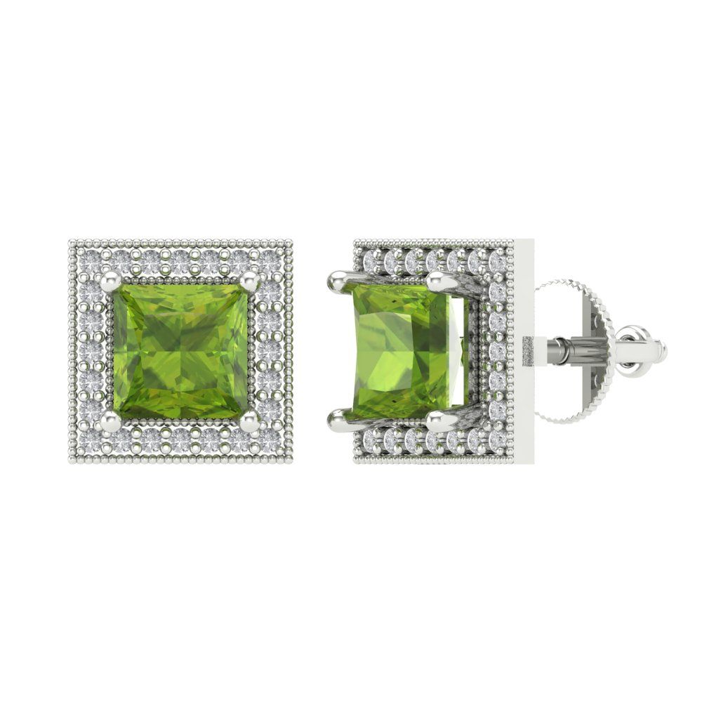 2.24 ctw Peridot Studs Earrings | 5.5mm Princess Cut White Gold Screw back | August Birthstone