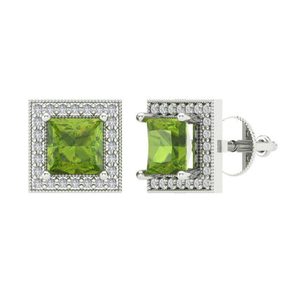 2.24 ctw Peridot Studs Earrings | 5.5mm Princess Cut White Gold Screw back | August Birthstone