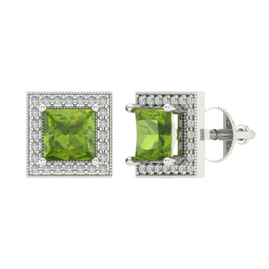 2.24 ctw Peridot Studs Earrings | 5.5mm Princess Cut White Gold Screw back | August Birthstone