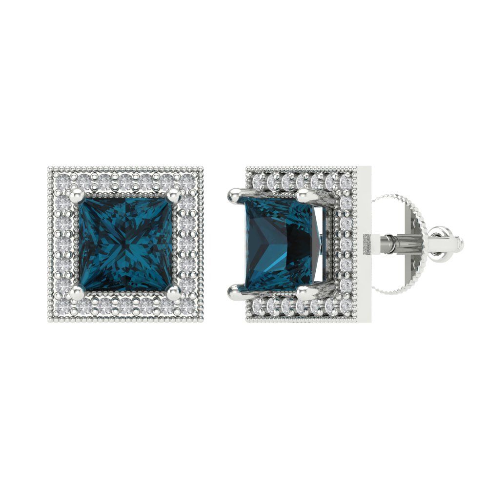 2.24 ctw London Blue Topaz Studs Earrings | 5.5mm Princess Cut White Gold Screw back | December Birthstone