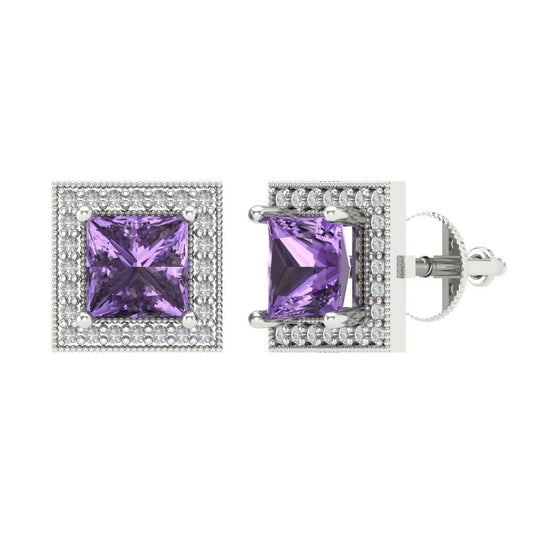 2.24 ctw Alexandrite Studs Earrings | 5.5mm Princess Cut White Gold Screw back | June Birthstone