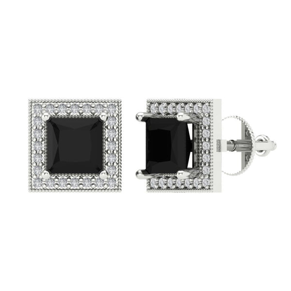 2.24 ct Brilliant Princess Cut Halo Studs Natural Onyx Stone White Gold Earrings Screw back
