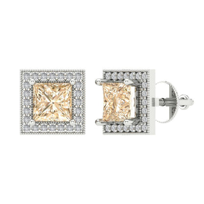 2.24 ctw Morganite Studs Earrings | 5.5mm Princess Cut White Gold Screw back | February Birthstone