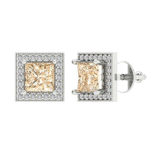 2.24 ctw Morganite Studs Earrings | 5.5mm Princess Cut White Gold Screw back | February Birthstone