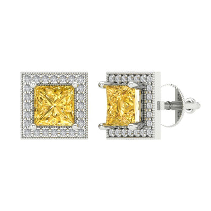 2.24 ctw Citrine Studs Earrings | 5.5mm Princess Cut White Gold Screw back | November Birthstone