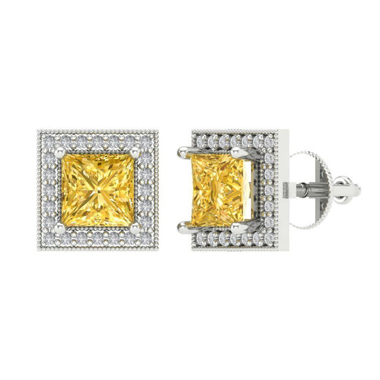 2.24 ctw Citrine Studs Earrings | 5.5mm Princess Cut White Gold Screw back | November Birthstone