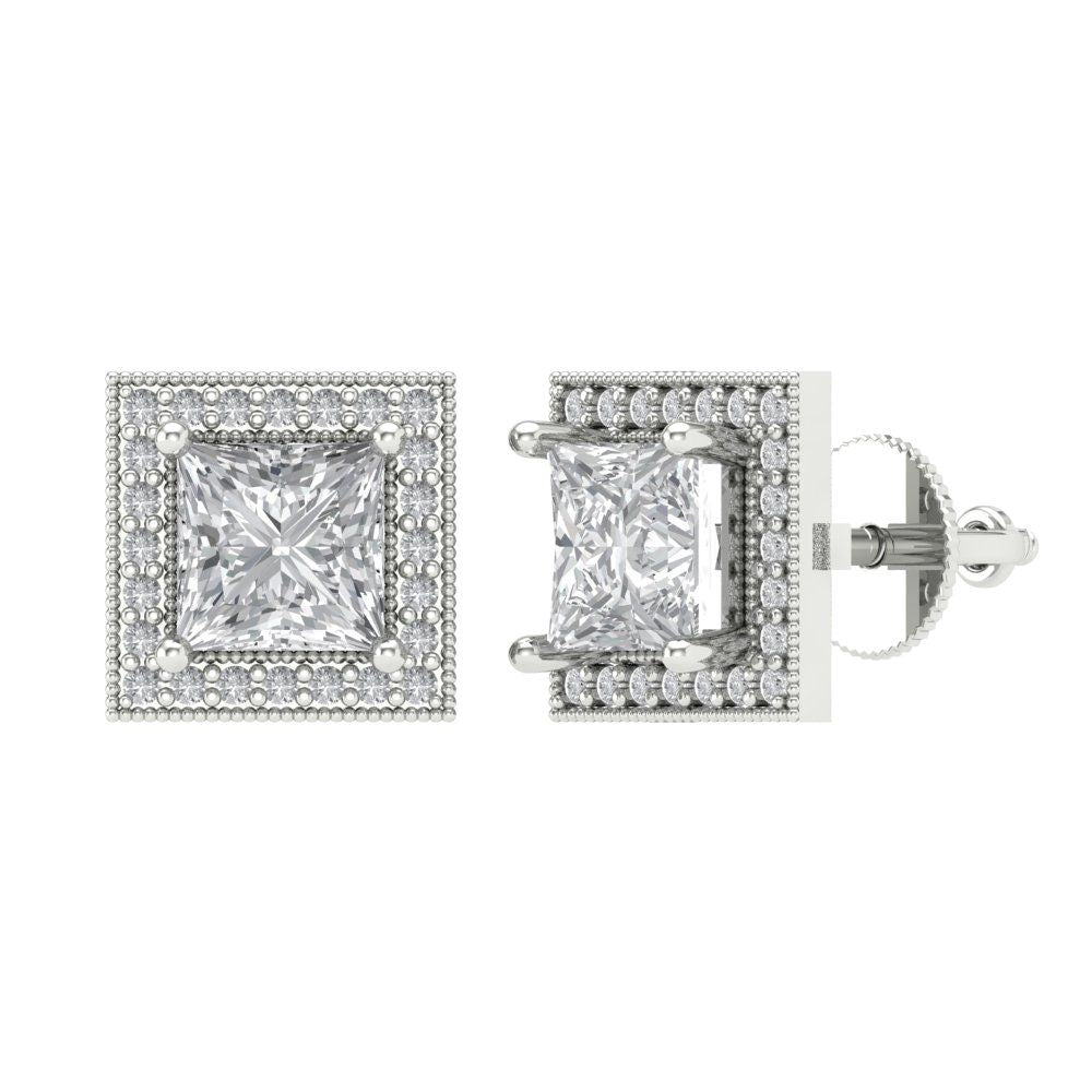 2.24 ctw Moissanite Studs Earrings | 5.5mm Princess Cut White Gold Screw back | April Birthstone