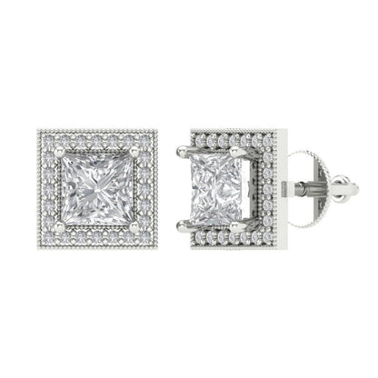 2.24 ctw Moissanite Studs Earrings | 5.5mm Princess Cut White Gold Screw back | April Birthstone