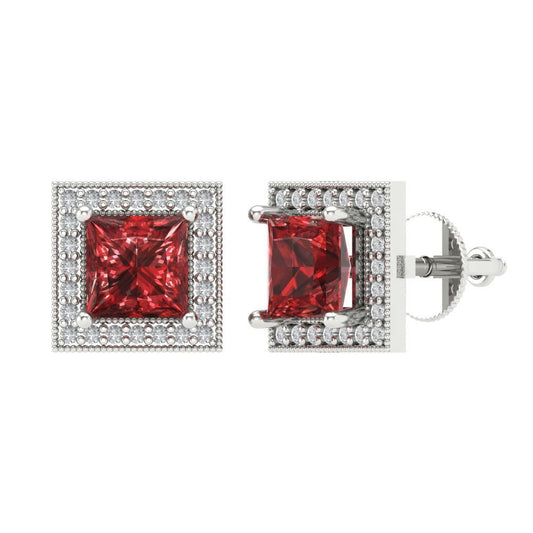 2.24 ctw Garnet Studs Earrings | 5.5mm Princess Cut White Gold Screw back | January Birthstone
