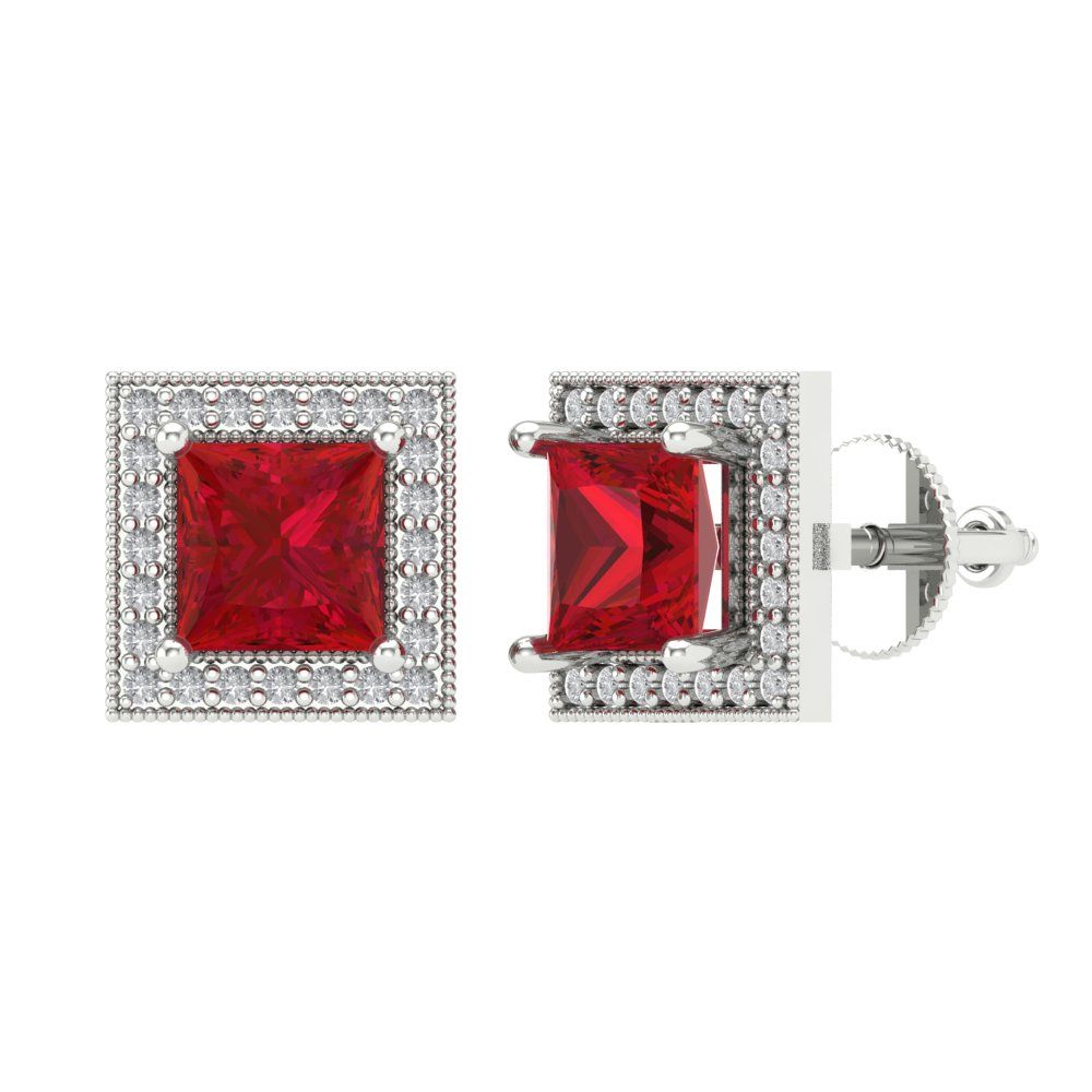 2.24 ctw Ruby Studs Earrings | 5.5mm Princess Cut White Gold Screw back | July Birthstone