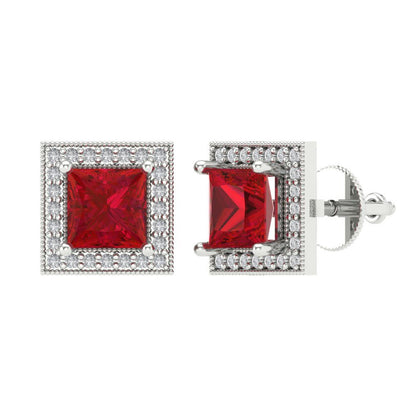 2.24 ctw Ruby Studs Earrings | 5.5mm Princess Cut White Gold Screw back | July Birthstone