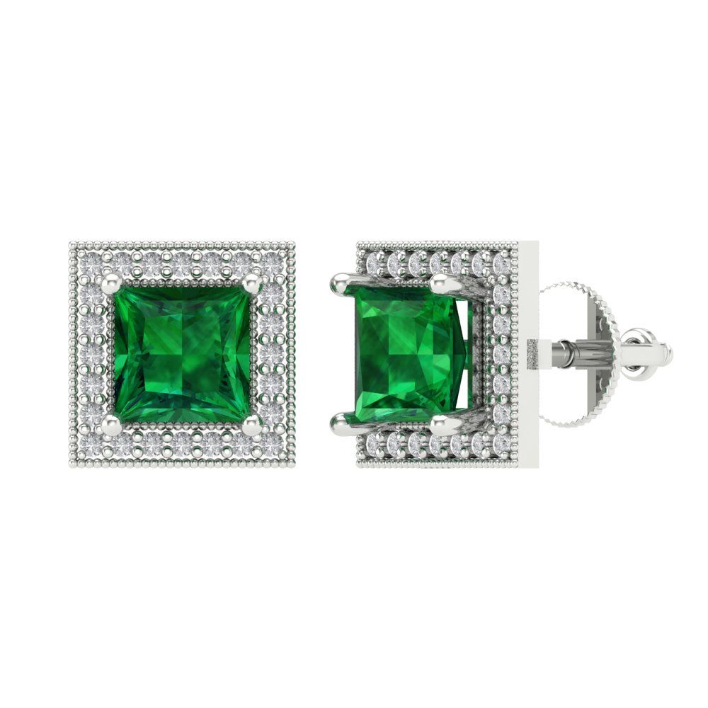 2.24 ctw Emerald Studs Earrings | 5.5mm Princess Cut White Gold Screw back | May Birthstone