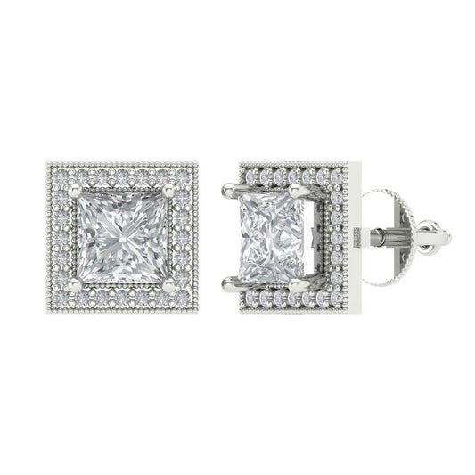 2.24 ctw Zirconia Diamond Studs Earrings | 5.5mm Princess Cut White Gold Screw back | April Birthstone
