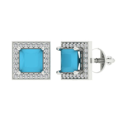 2.24 ctw Turquoise Studs Earrings | 5.5mm Princess Cut White Gold Screw back | December Birthstone