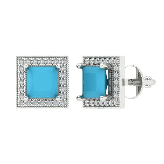 2.24 ctw Turquoise Studs Earrings | 5.5mm Princess Cut White Gold Screw back | December Birthstone