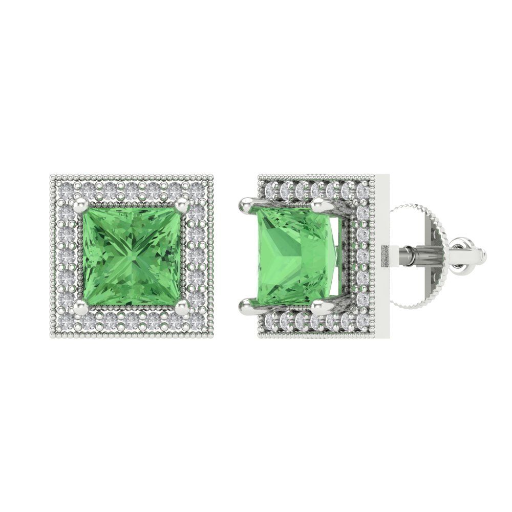 2.24 ctw Green Zirconia Studs Earrings | 5.5mm Princess Cut White Gold Screw back | April Birthstone