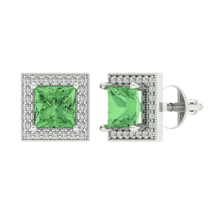 2.24 ctw Green Zirconia Studs Earrings | 5.5mm Princess Cut White Gold Screw back | April Birthstone
