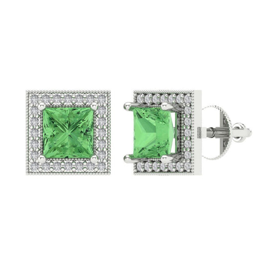 2.24 ctw Green Zirconia Studs Earrings | 5.5mm Princess Cut White Gold Screw back | April Birthstone