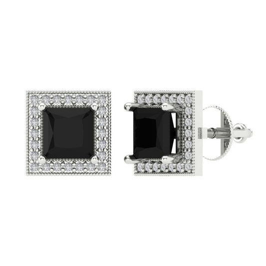 2.24 ctw Onyx Studs Earrings | 5.5mm Princess Cut White Gold Screw back | July Birthstone