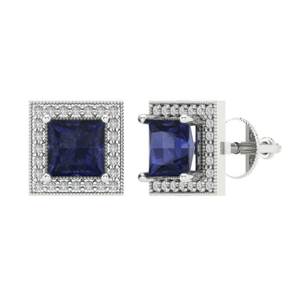2.24 ctw Blue Sapphire Studs Earrings | 5.5mm Princess Cut White Gold Screw back | September Birthstone