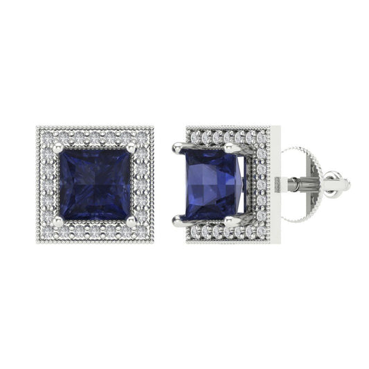 2.24 ctw Blue Sapphire Studs Earrings | 5.5mm Princess Cut White Gold Screw back | September Birthstone