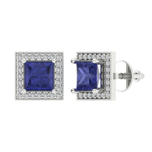 2.24 ctw Tanzanite Studs Earrings | 5.5mm Princess Cut White Gold Screw back | December Birthstone